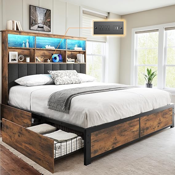 Rustic Bed Frame with Storage Headboard, Drawers & LED