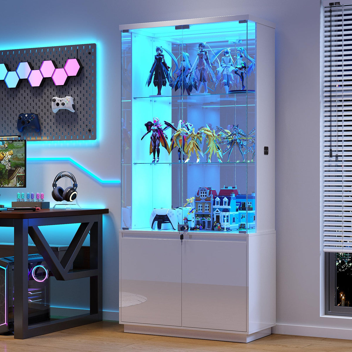 Gurexl 71" Lockable LED Glass Display Cabinet with Human Sensor, White