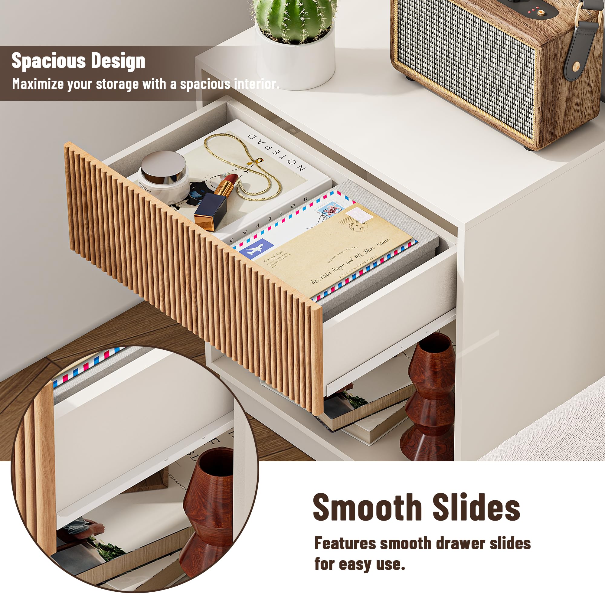 Fluted Nightstand Set of 2 with Drawer & Storage Shelf