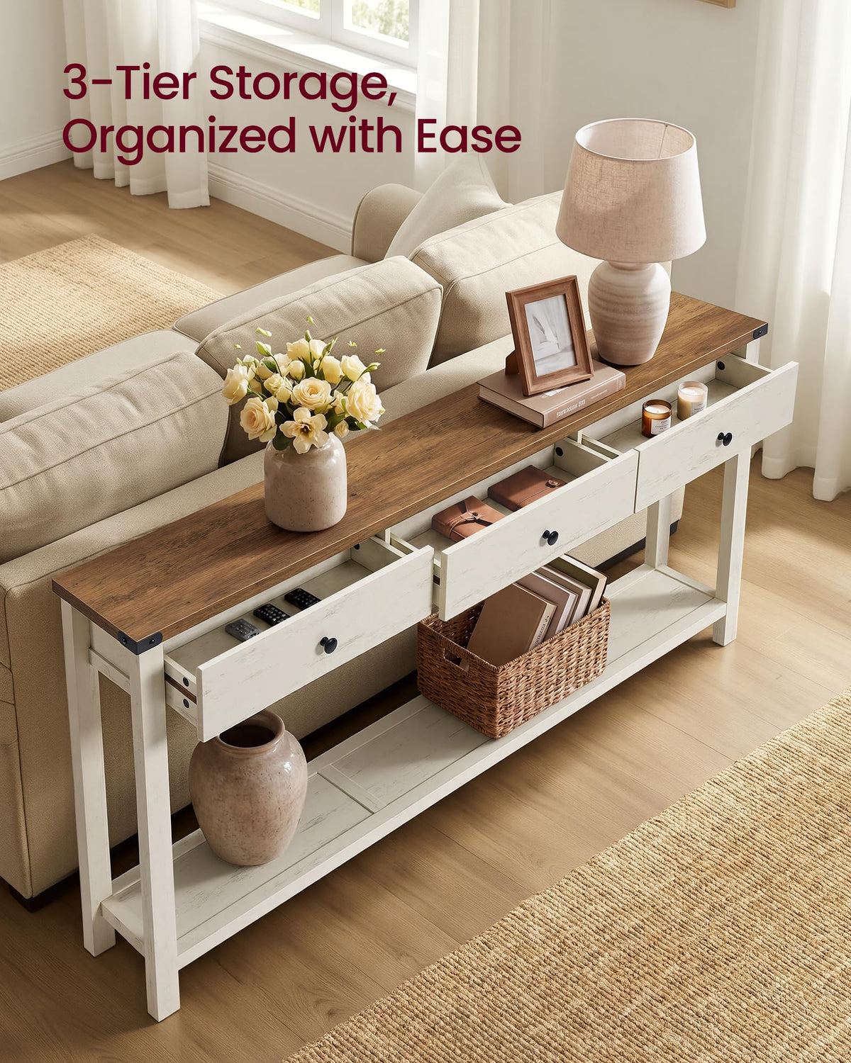 VASAGLE 63 Inche Narrow Console Table with 3 Drawers and Open Storage Shelf