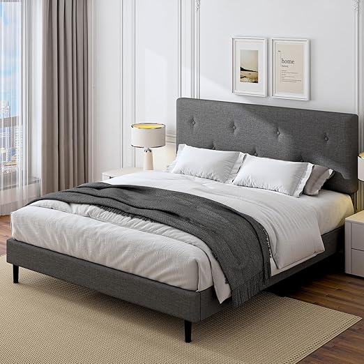 Linen Upholstered Platform Bed Frame with Adjustable Headboard & Wooden Slats