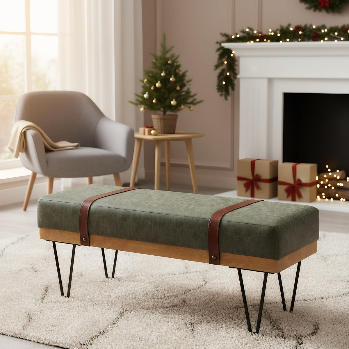 LukeAlon 44" Green PU Leather Ottoman Bench, Modern Upholstered Storage with Industrial Hairpin Legs for Entryway, Bedroom & Living Room Christmas Green