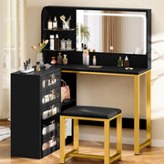 L-Shaped Corner Vanity Desk with LED Mirror & 5 Glass Drawers