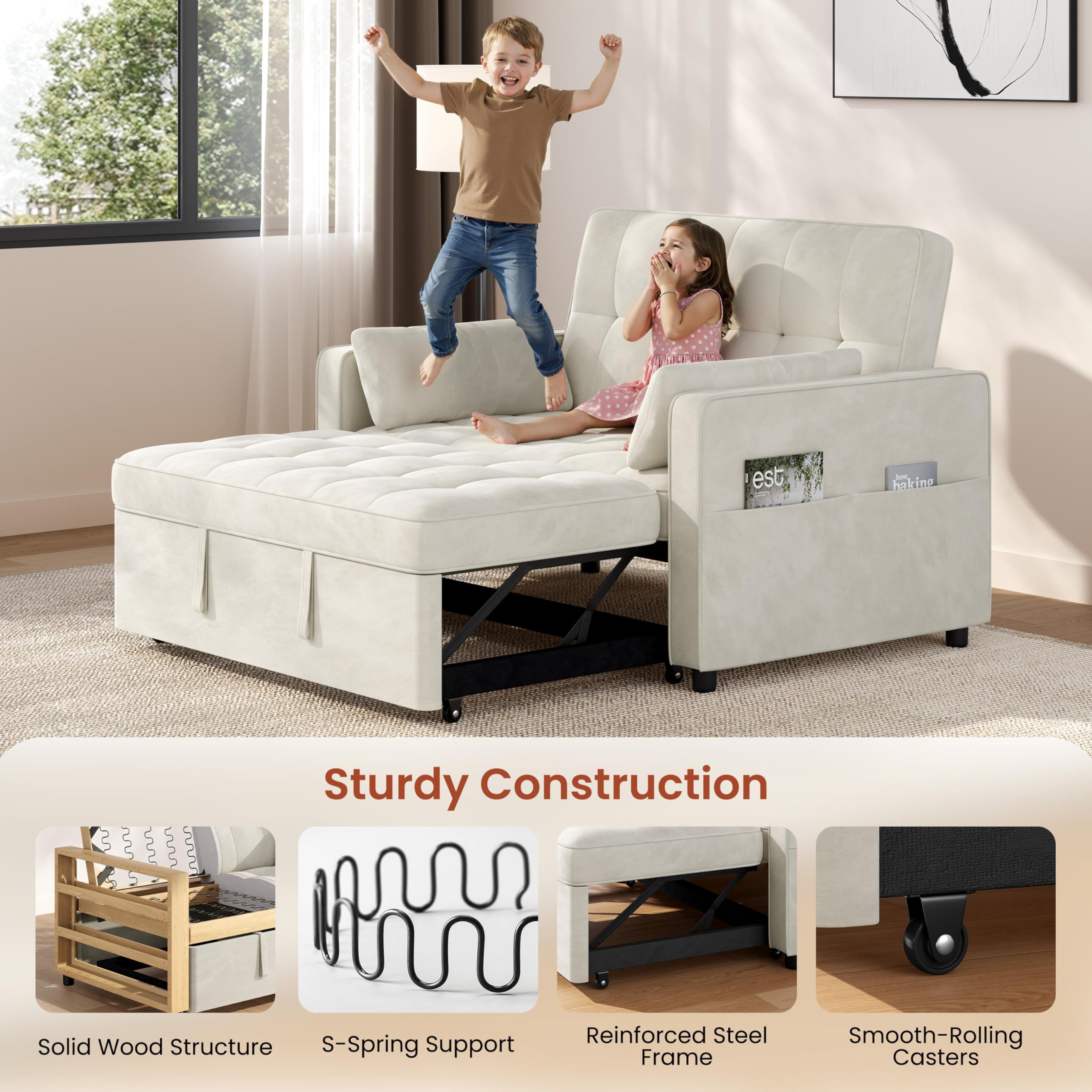 Yaheetech 3 in 1 Sofa Bed Convertible Velvet Sofa Pull Out Couch Folding Loveseat Sleeper with Adjustable Backrest, Armrest Pillows, USB Ports, Side Pockets for Living Room Bedroom Apartment, Beige