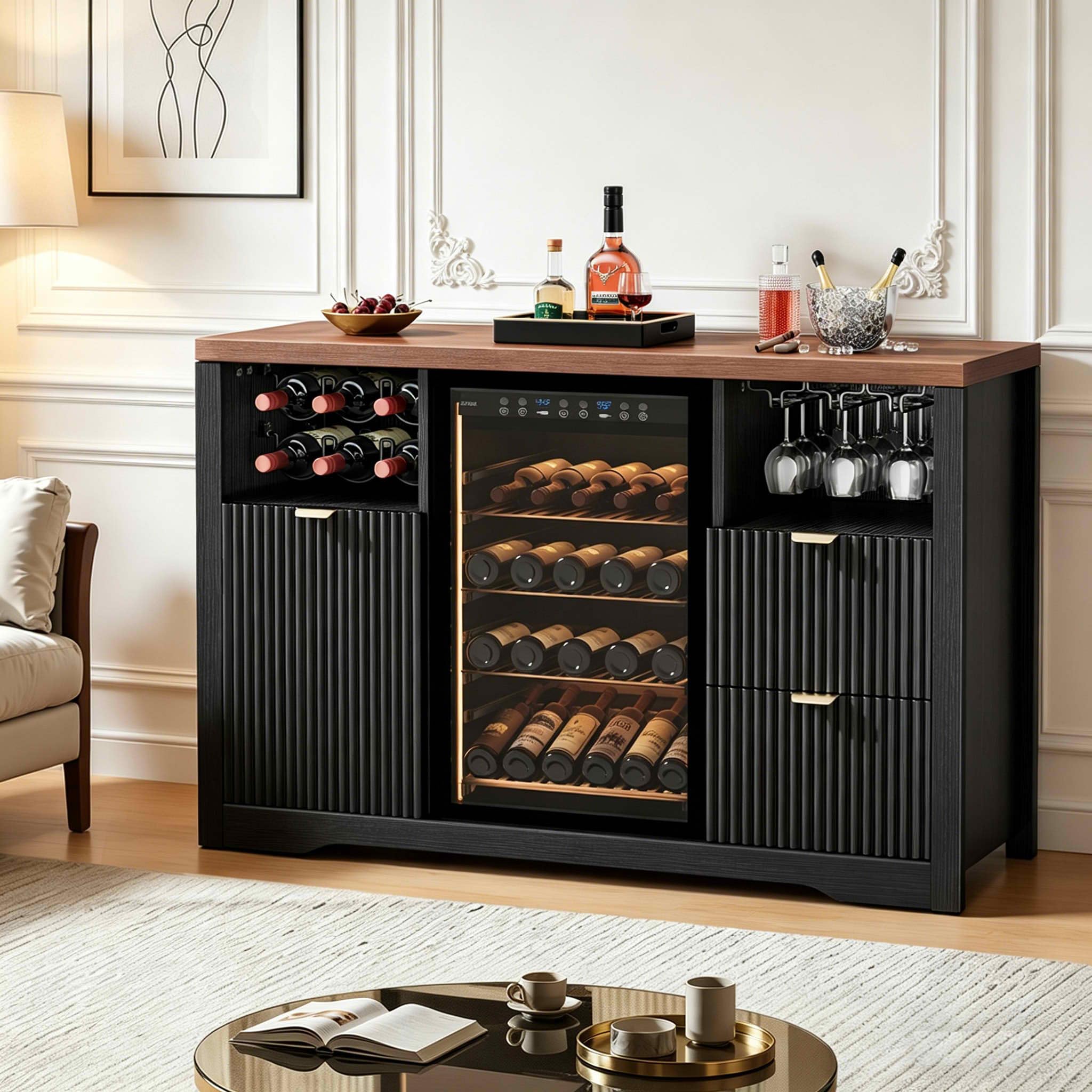 Coffee Bar Cabinet with Fridge Space, 53" L Wine Cabinets with Storage Drawer, Wood Buffet Sideboard Table, Fluted Liquor Cabinet with Wine Rack for Home, Living Room,20"D x 53.1"W x 39.4"H-Black
