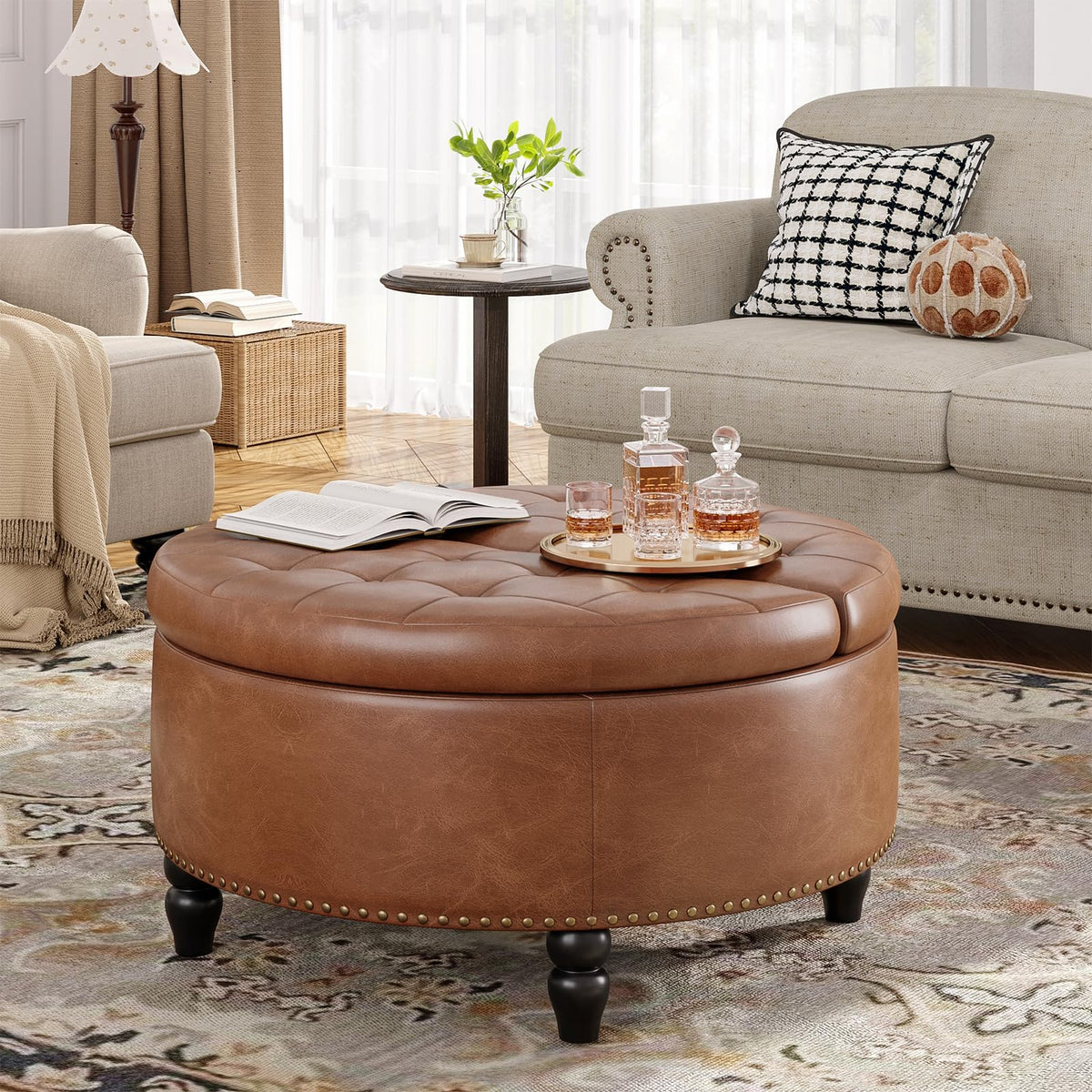 FiveWillowise 31.5 Inch Large Round Ottoman with Storage Circular,Brown
