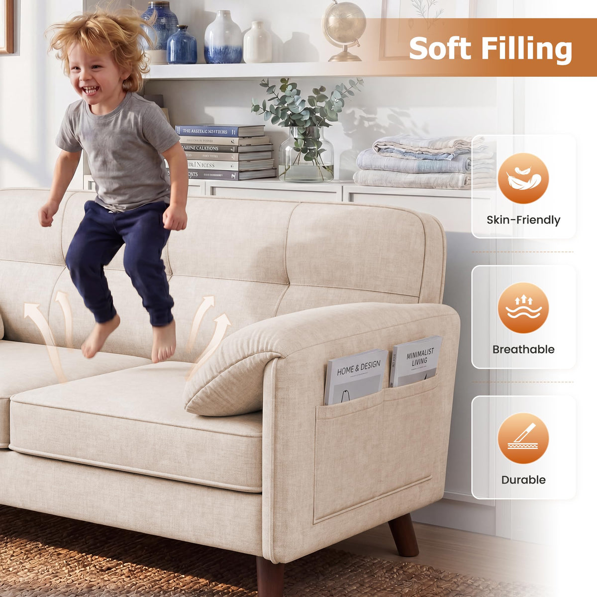 Apicizon 65" Loveseat Sofa, Chenille Loveseat Couch for Living Room with Storage Pockets, 25" Deep Seat Love Seat with Padded Arms, Modern Small Couches for Bedroom, Small Spaces, Home Office