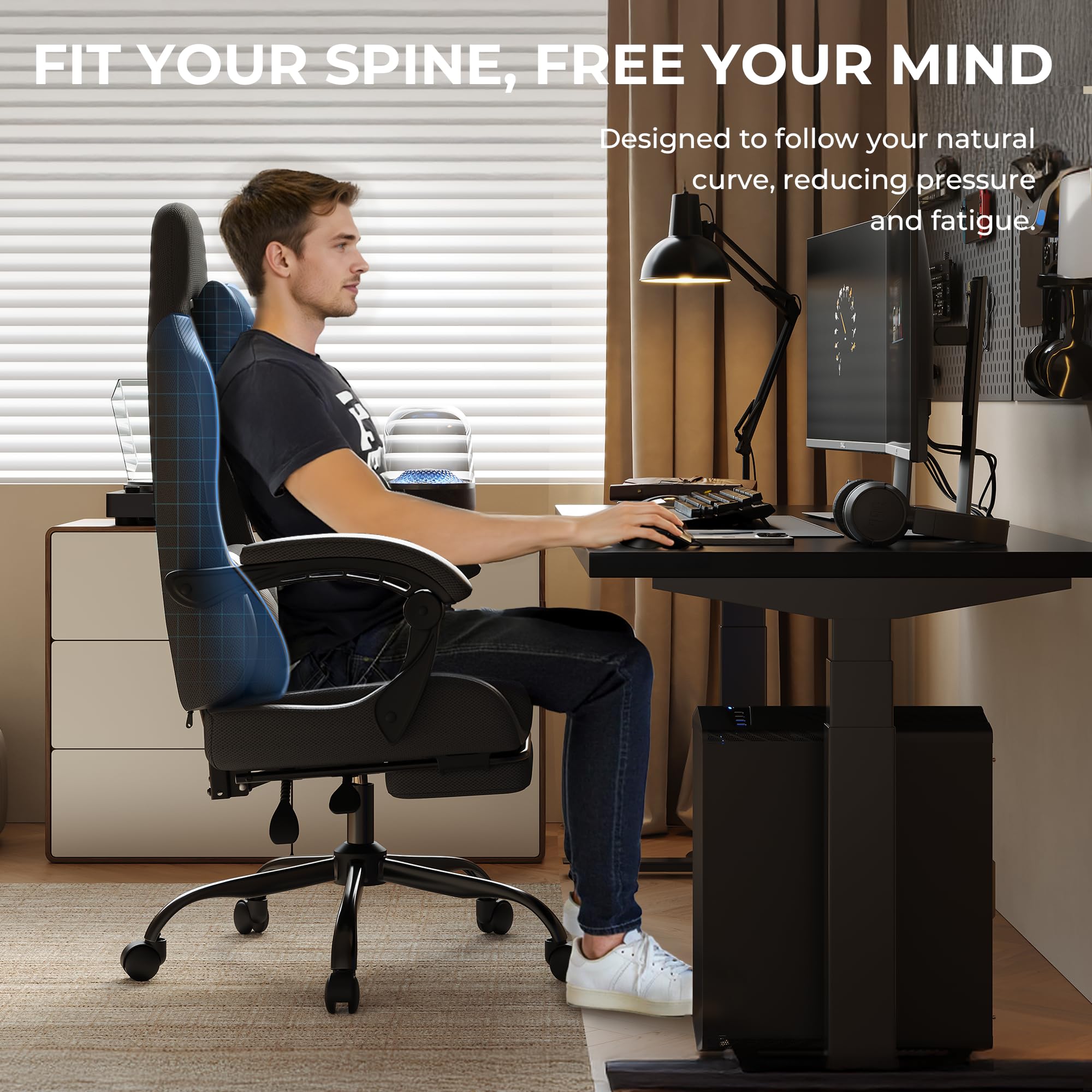 Gaming Chair with Footrest, Ergonomic 330lbs Leather Mesh Chair, Massage Lumbar Support, Adjustable Height & Headrest Pillow, Breathable Seat for Office, Home, Streaming, Long Gaming Sessions, Black