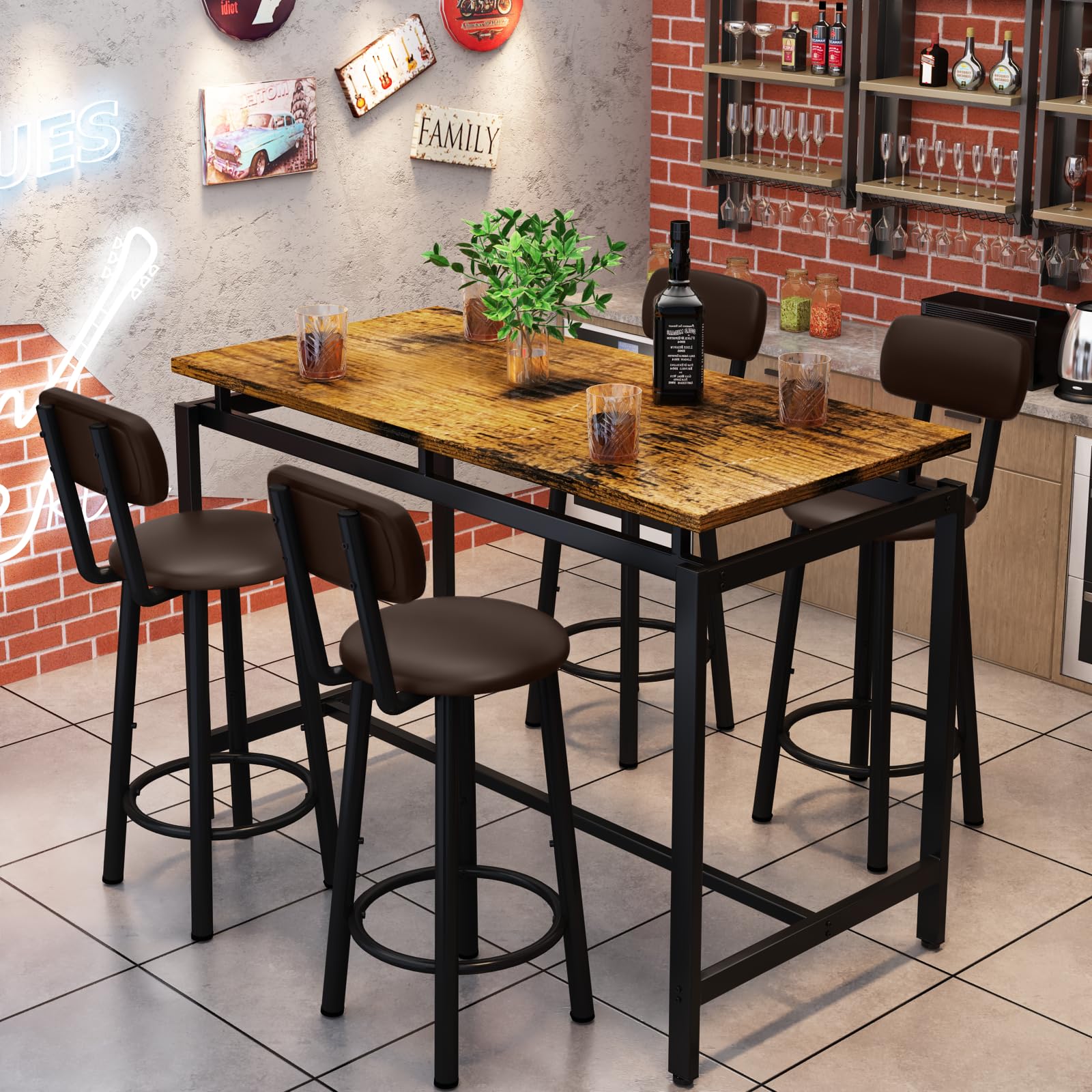 Industrial Bar Table & Chair Set for 4