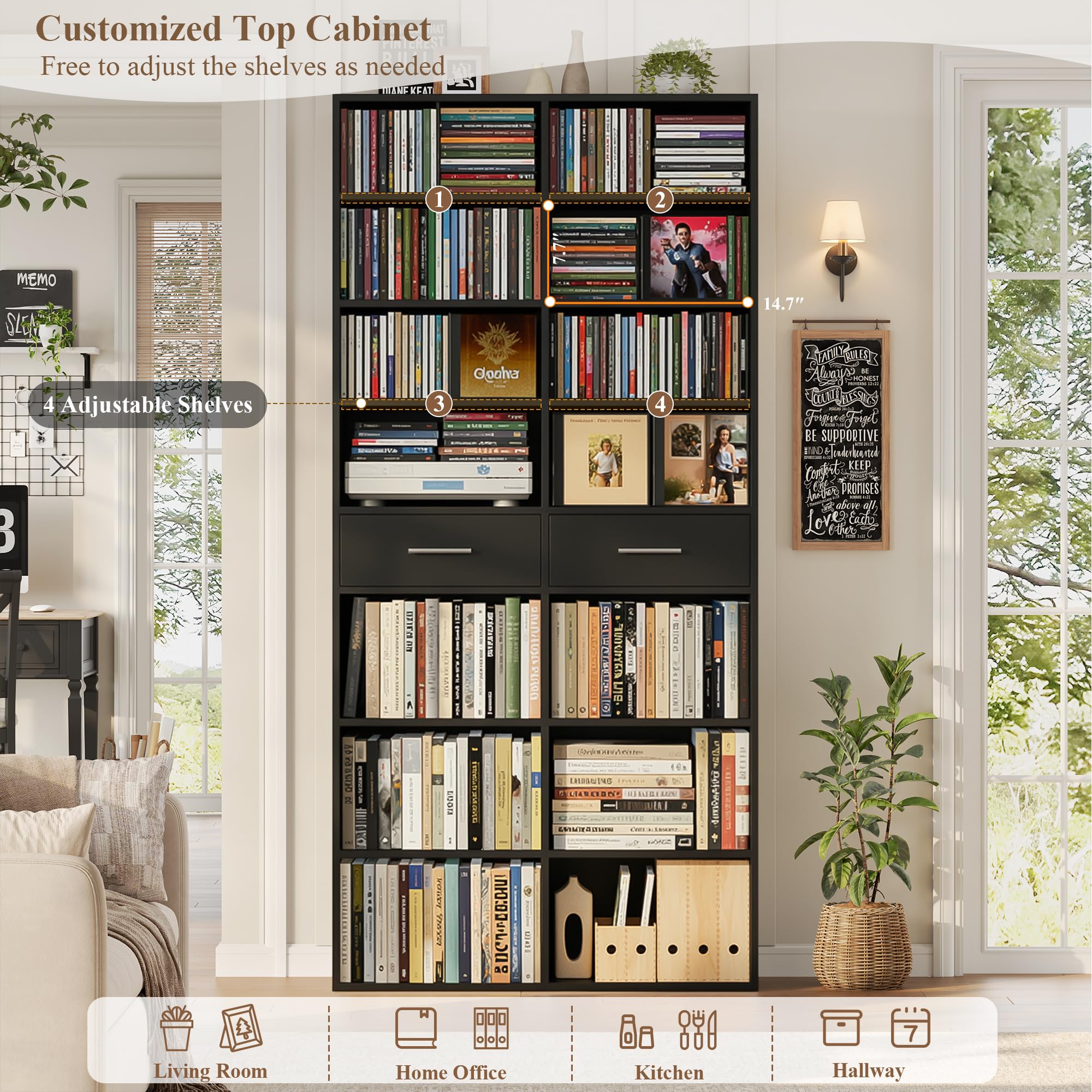 HOSTACK 73" Tall Bookshelf with Drawers, 7-Tier Black Bookshelf with Storage, Double Wide Bookcase with 14 Open Book Shelves, Wood Book Case with Adjustable Shelves for Media CD DVD Storage, Black