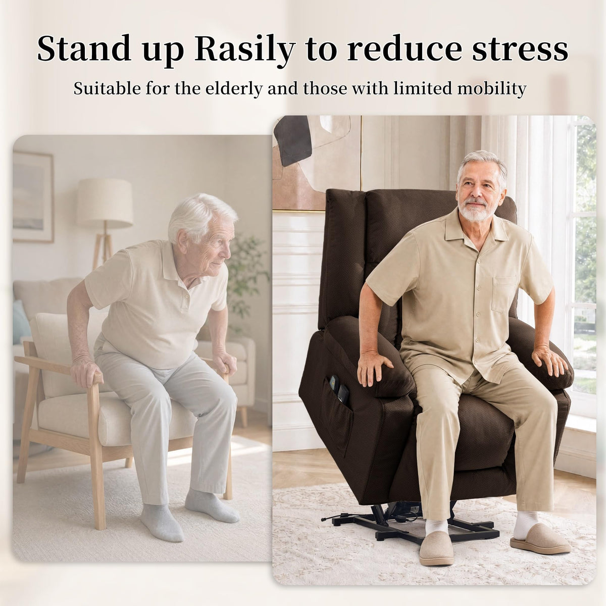 Korser Dual Motor Power Lift Recliner Chair for Elderly with Massage and Heat, Oversized Electric Recliner with Side Pockets, Living Room, Waffle, Brown