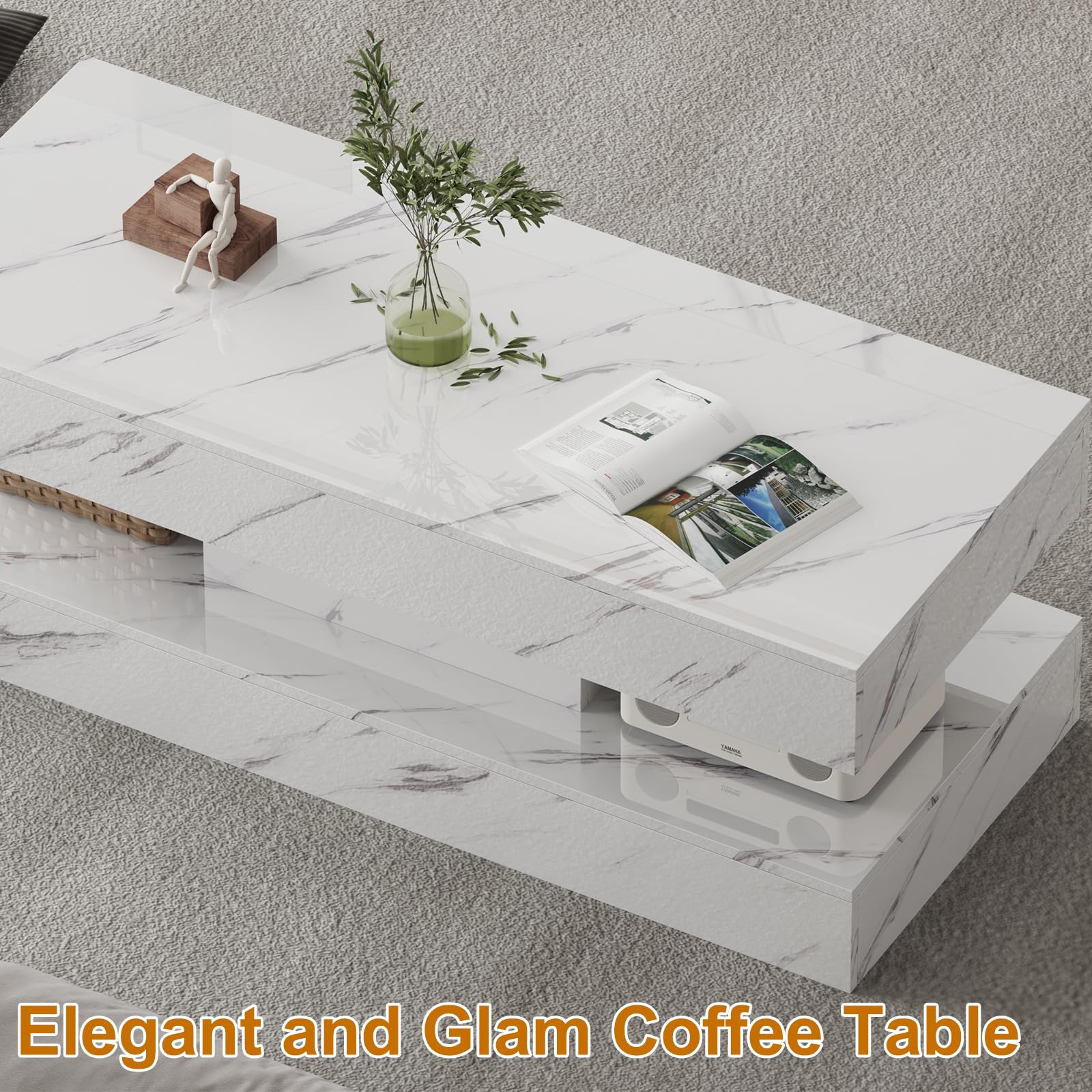 LSHUIZHU 47.2 Inch Coffee Table with LED Lights, Modern High-Gloss Open Shelf Design, 2-Tier Floating Center Table with Illumination, Large LED Coffee Table for Living Room(White)