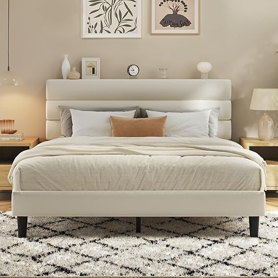 Upholstered Platform Bed Frame with Velvet Headboard