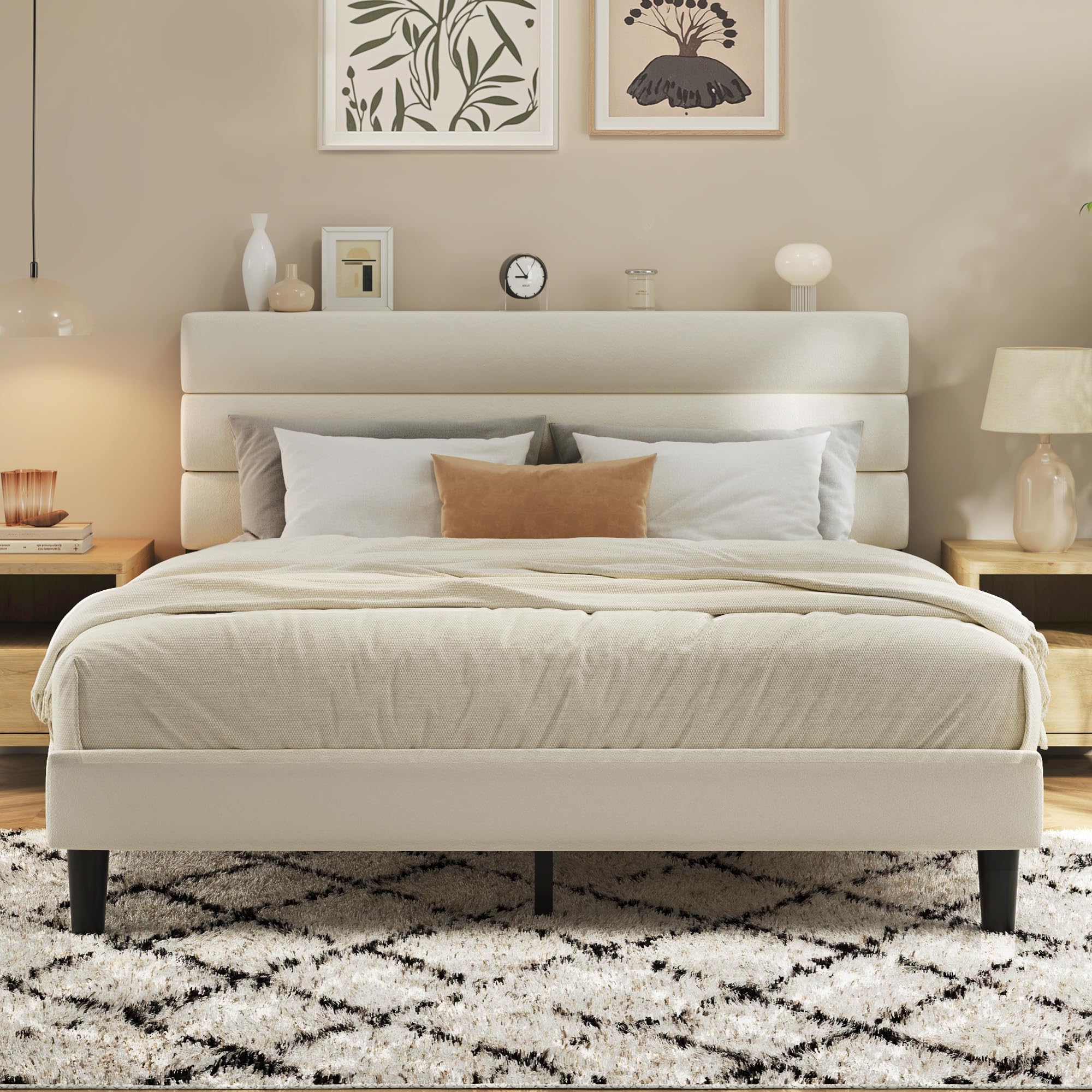 Velvet Upholstered Platform Bed Frame with 3-Panel Headboard