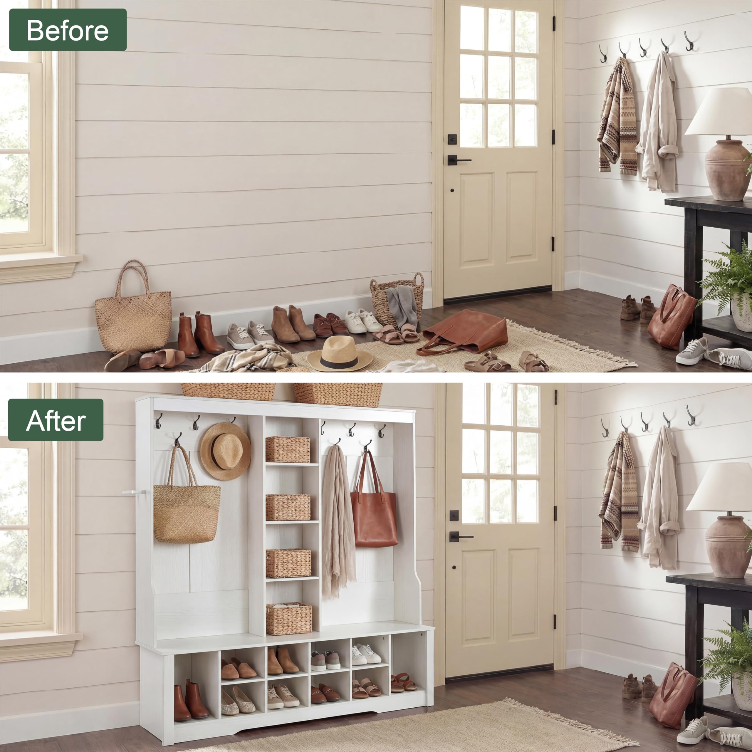 CasaGlajore 59” Hall Tree with Bench and Shoe Storage, Entryway Coat Rack with 10 Hooks & Open Shelves, Space Saving Hall Tree with 10 Shoe Cubbies for Hallway, Mudroom, Living Room
