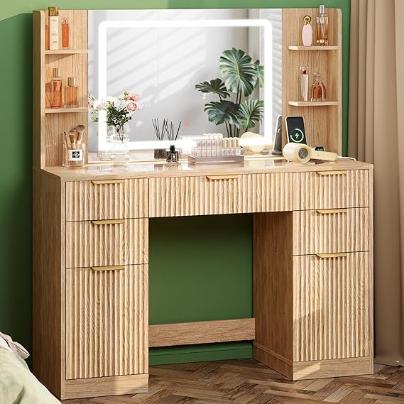 Fluted Makeup Vanity Desk with RGB Lights & Mirror