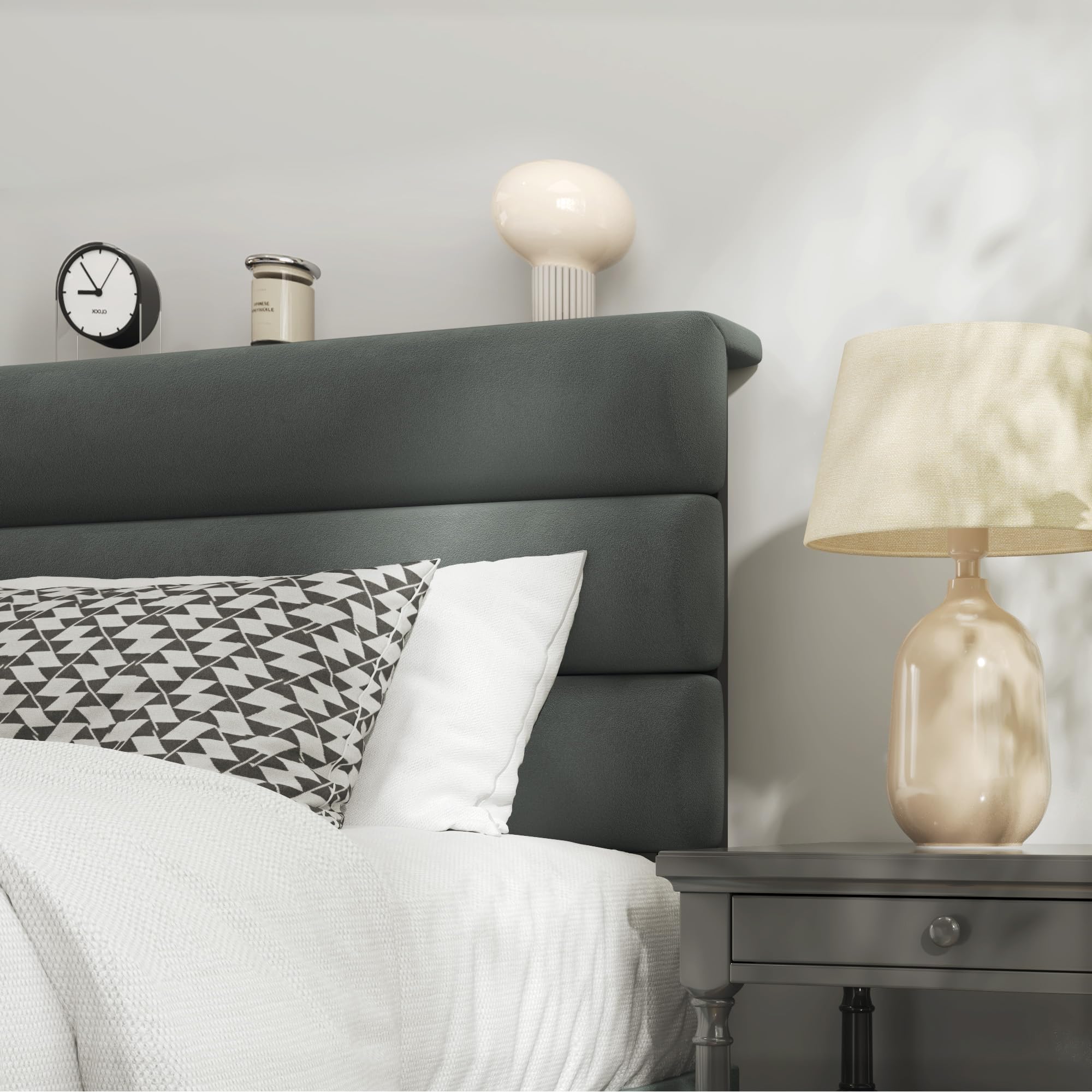 Upholstered Platform Bed Frame with Velvet Headboard