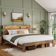 Wooden Platform Bed Frame with Storage Headboard, Charging Station & LED Lights