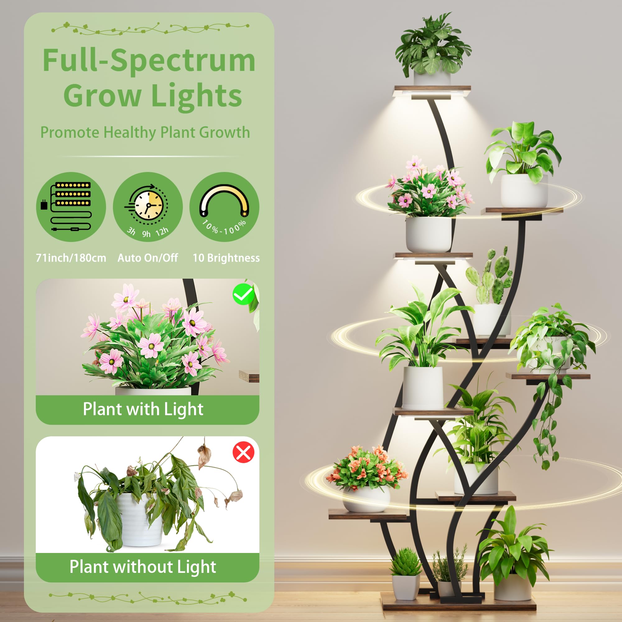Indoor Plant Stand with Grow Light, 9-Tier, Set of 2