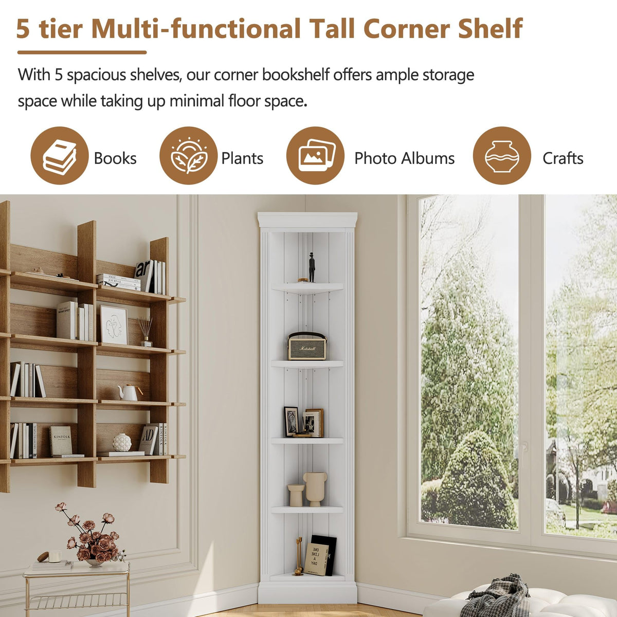 83.4" Tall Corner Shelf, 5-Tier Solid Wood Corner Bookcase, Freestanding Open Storage Display Stand, Modern Tall Plant Rack for Small Space, Living Room, Home Office, White