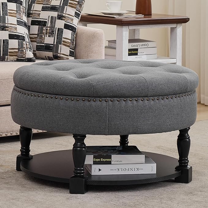 Round Storage Ottoman with Wood Shelf