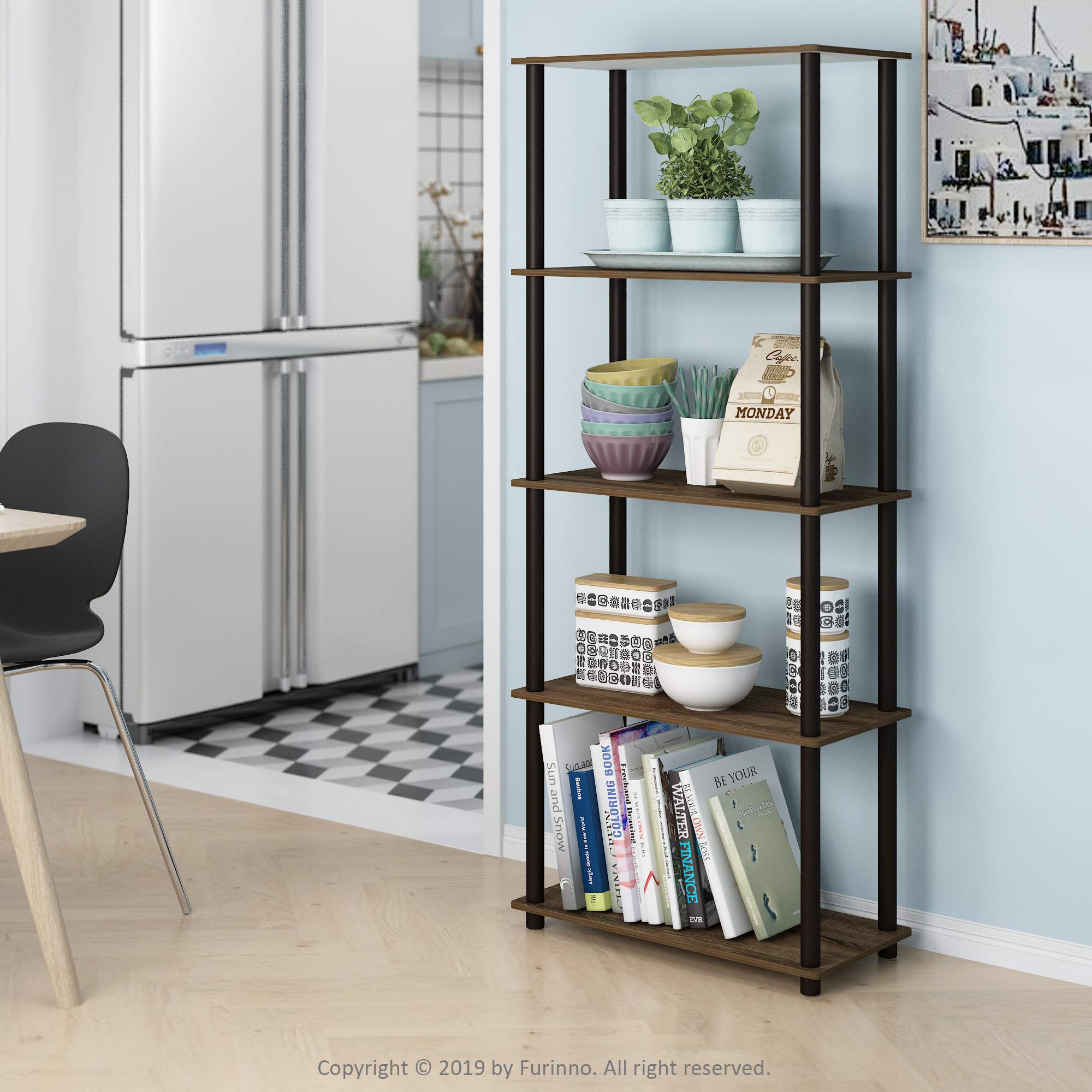 Furinno TURN-N-TUBE Storage Shelves, 5-Tier Book Shelf, Corner Shelf, Toolless Open Shelves, for Organization and Storage, Living Room, Garage, Home Office, Walnut