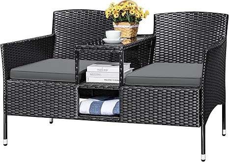 Outdoor Rattan Loveseat with Built-In Table
