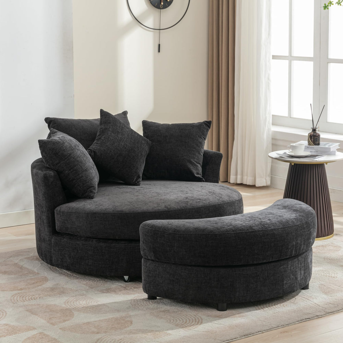 Chenille Swivel Chair with Storage Ottoman