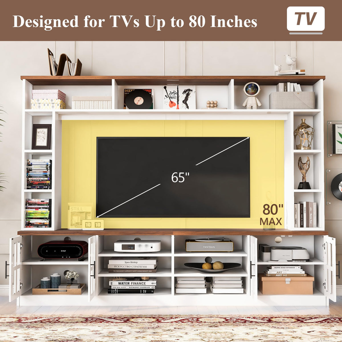 95.5" Entertainment Wall Unit Set with Bookshelves, Modern TV Stand for Televisions Up to 80", Large Media Console with Cabinets and Tempered Glass Doors for Living Room