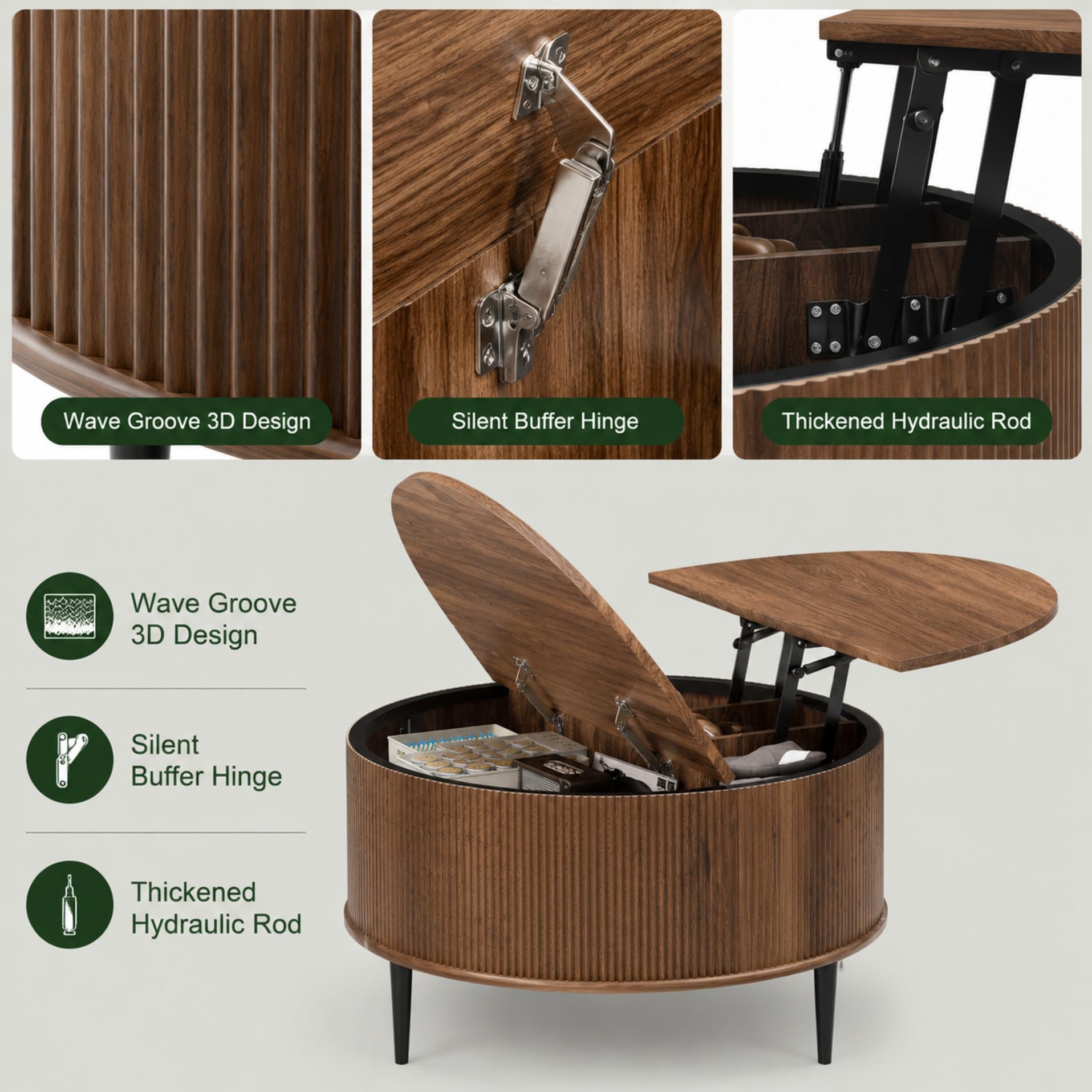 Yechen 31.5" Round Coffee Table with Storage,Fluted Lift Top Center Table, Midcentury Modern Flip-top Curved Table for Living Room,Walnut