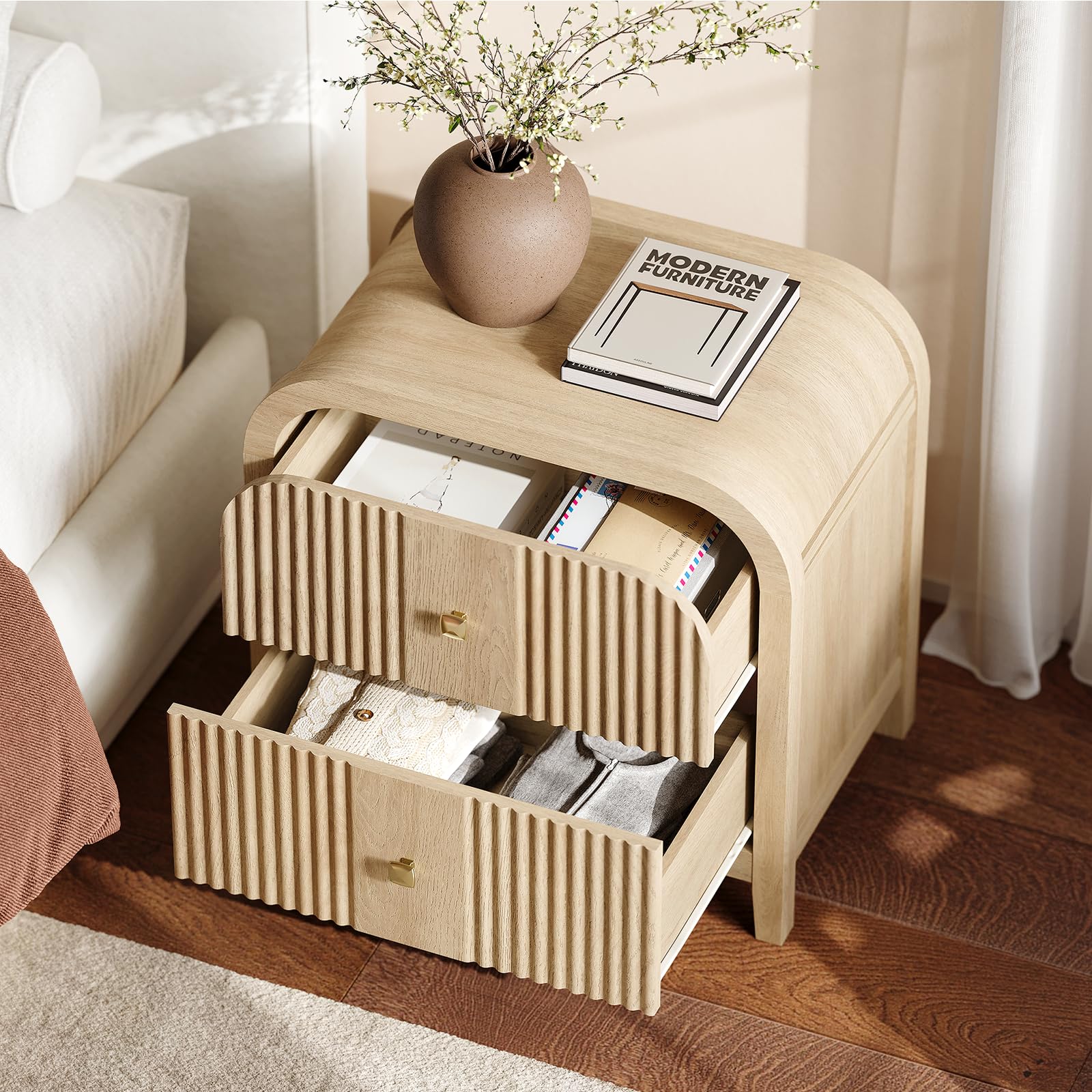 2-Drawer Wave-Fluted Nightstand with Curved Top