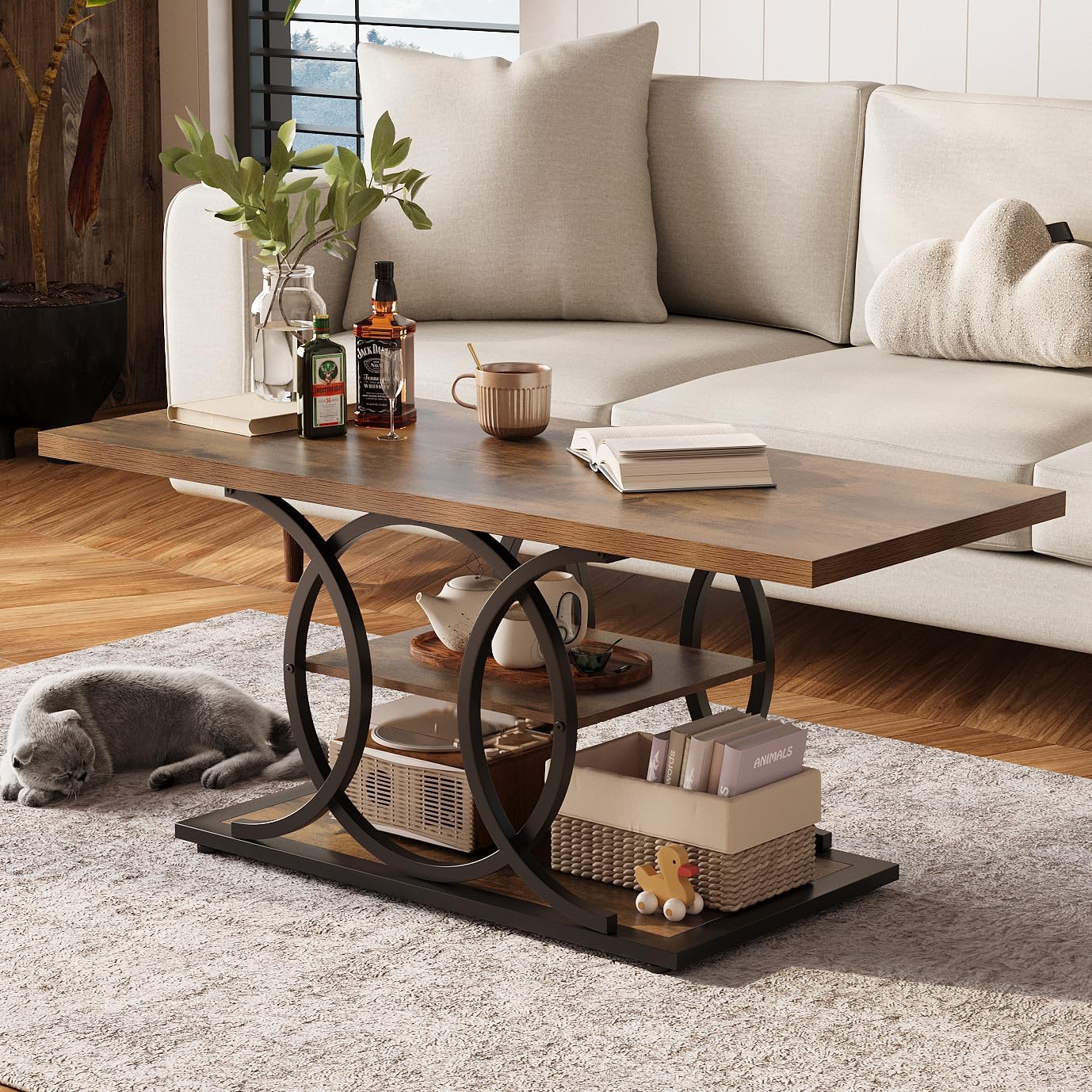 47" 3-Tier Rustic Coffee Table with Storage