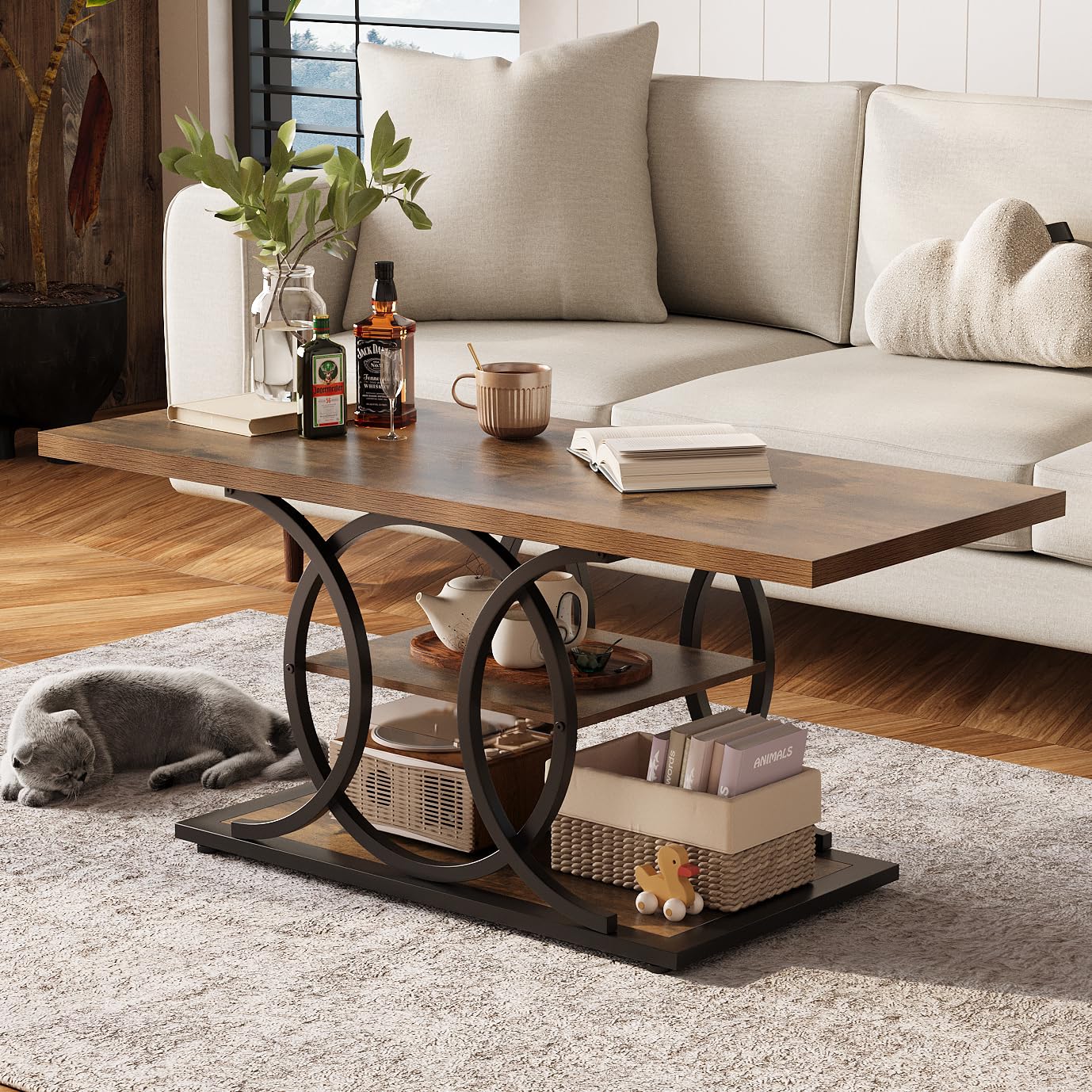 47" 3-Tier Rustic Coffee Table with Storage