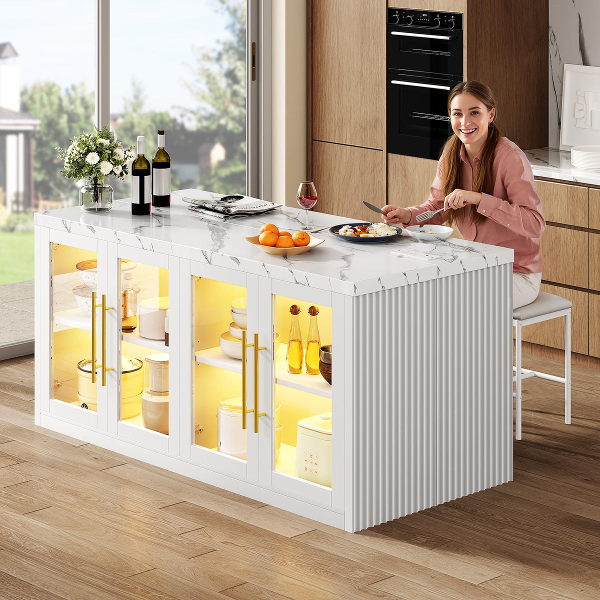 Homiflex Kitchen Island Table with Storage, 55" Large Island Table White