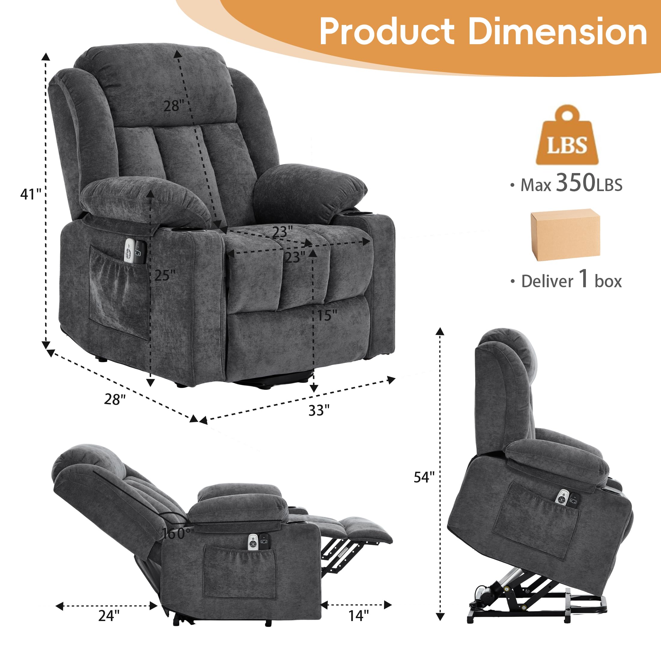 Sftaiyou Power Lift Recliner for Elderly,Electric Recliner Chair with Massage & Heating for Adults, USB Charging, Cup Holders, Side Pocket, Living Room Sofa L1288 (Dark Grey)