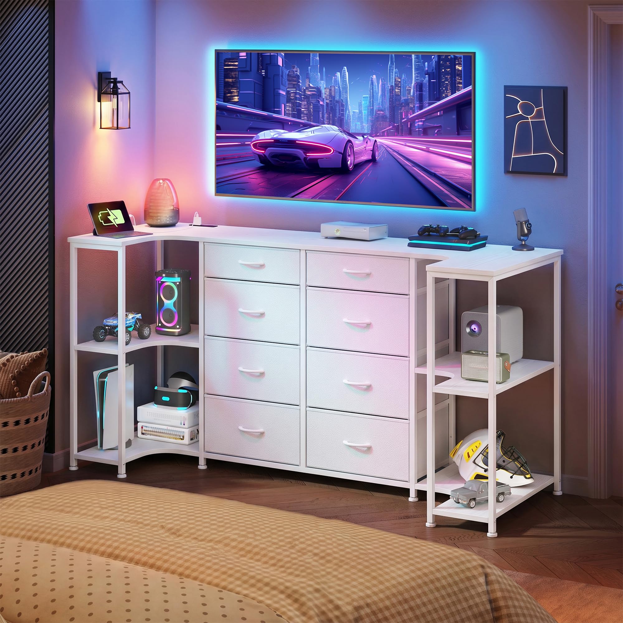 White Dresser for Bedroom with Charging Station,8 Drawer TV Stand for 55 65 75 inch TV,3-in-1 Configurable U-Shape/L-Shape/Linear,Large Chest of Drawers with 5 Storage Shelves for Gaming Room,Hallway