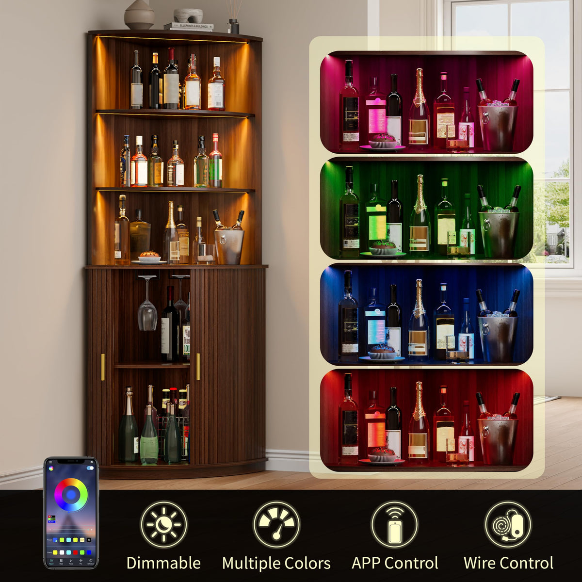 DHH 71" Tall Corner Bar Cabinet with LED Light & Wine Glass Holder(Walnut)