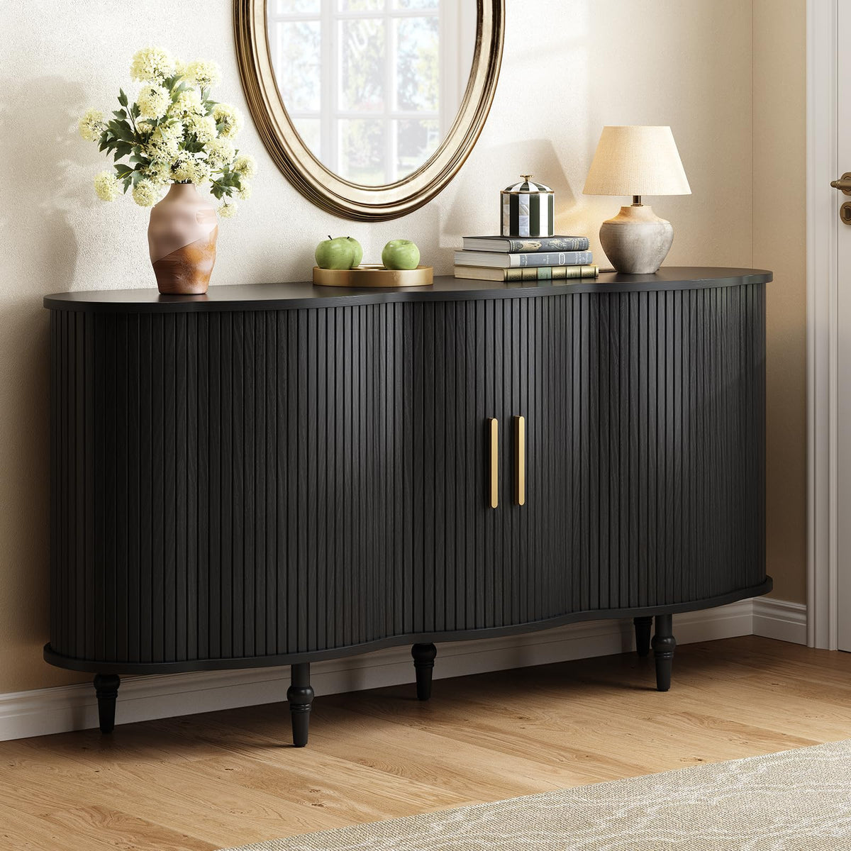 ONBRILL 63" Fluted Sideboard Buffet Cabinet with Storage (Black)