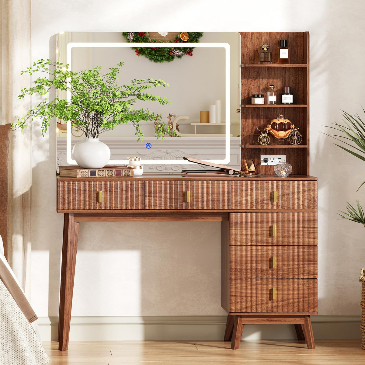 Walnut Makeup Vanity with LED Mirror