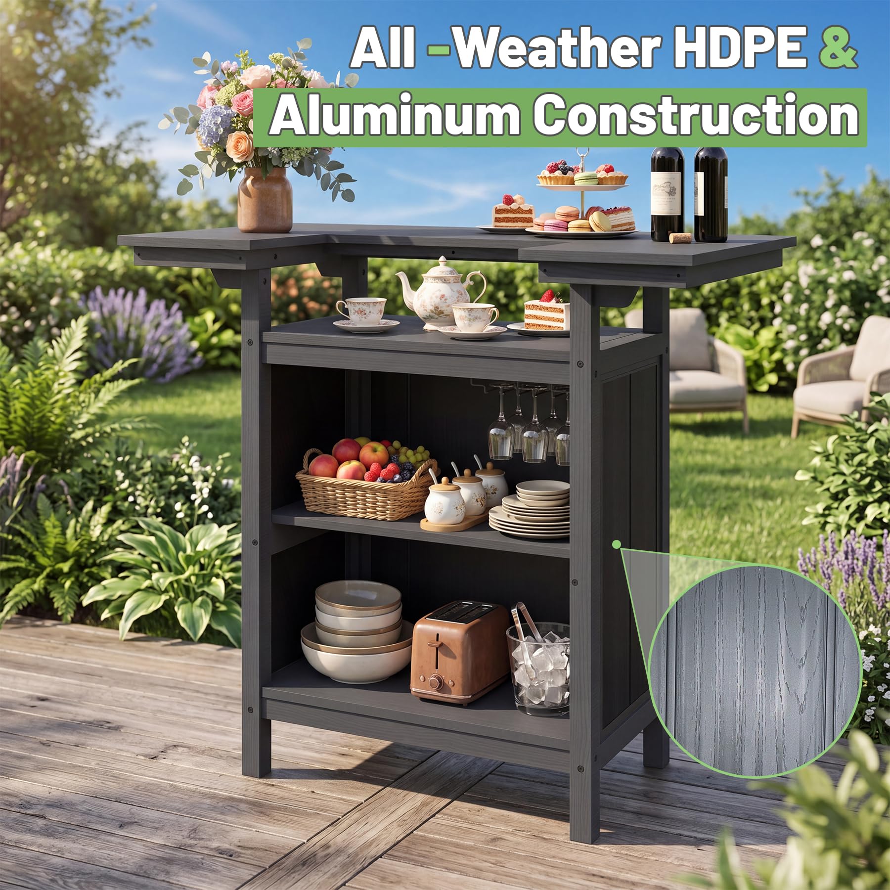 SHPAI Outdoor Bar, Patio Bar, Outdoor Kitchen Island, Outside Bar, Backyard Bar, HDPE & Aluminum Frame for Entertaining