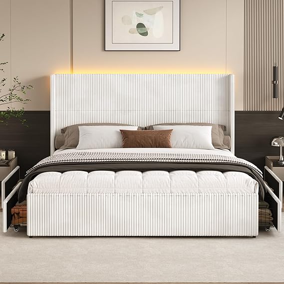 Corduroy Wingback Bed Frame with Storage Drawers & LED Lights