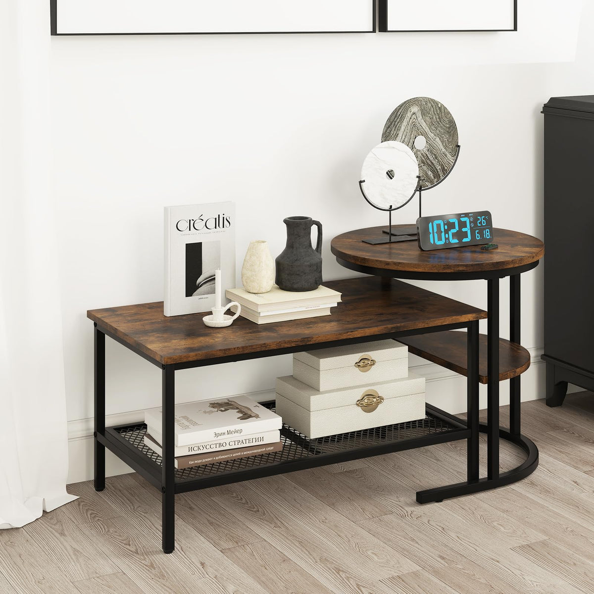KOTEK Nesting Coffee Table Set of 2, Detachable Rectangular Coffee Table & Small Round End Table Set, Faux Marble Pattern & Sturdy Metal Frame, Modern Nesting Tables for Living Room (Brown)
