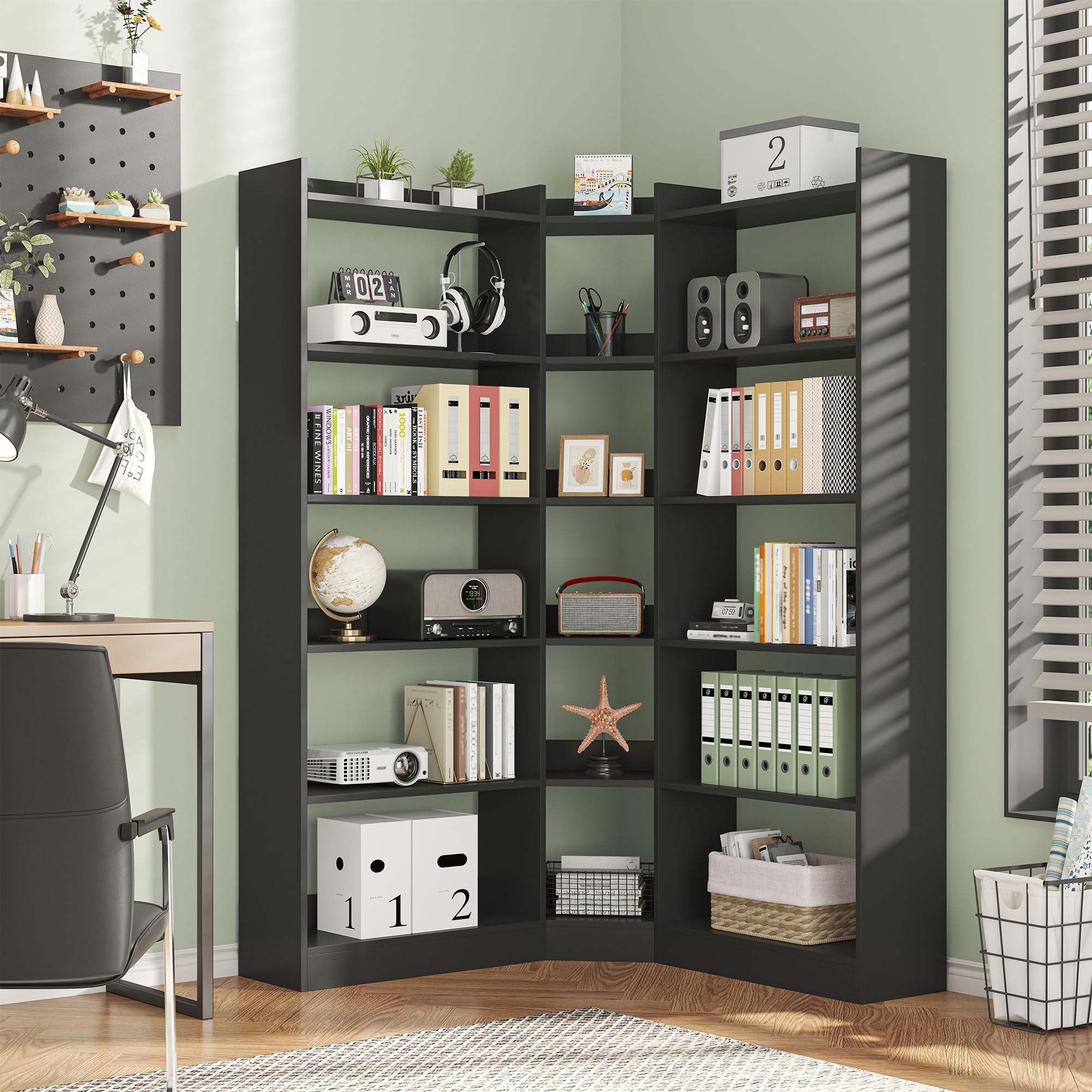 7-Tier L-Shaped Corner Bookshelf with Anti-Fall Baffles – 63.1" Tall