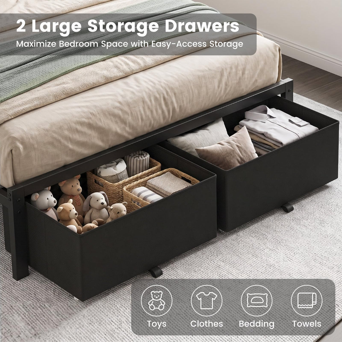 Kbun Full Size Bed Frame with Upholstered Headboard and 2 Storage Drawers