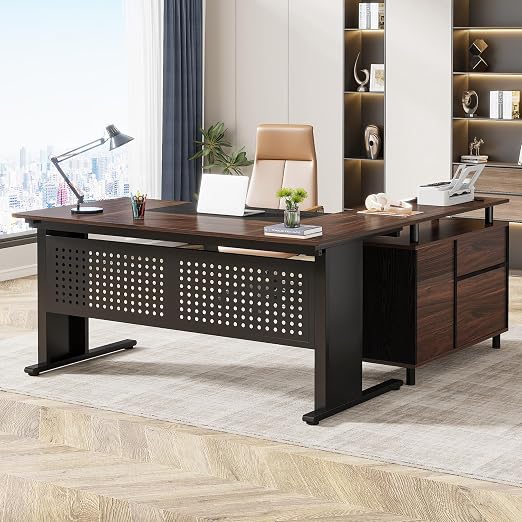 L-Shaped Executive Desk with File Cabinet & Storage Shelves