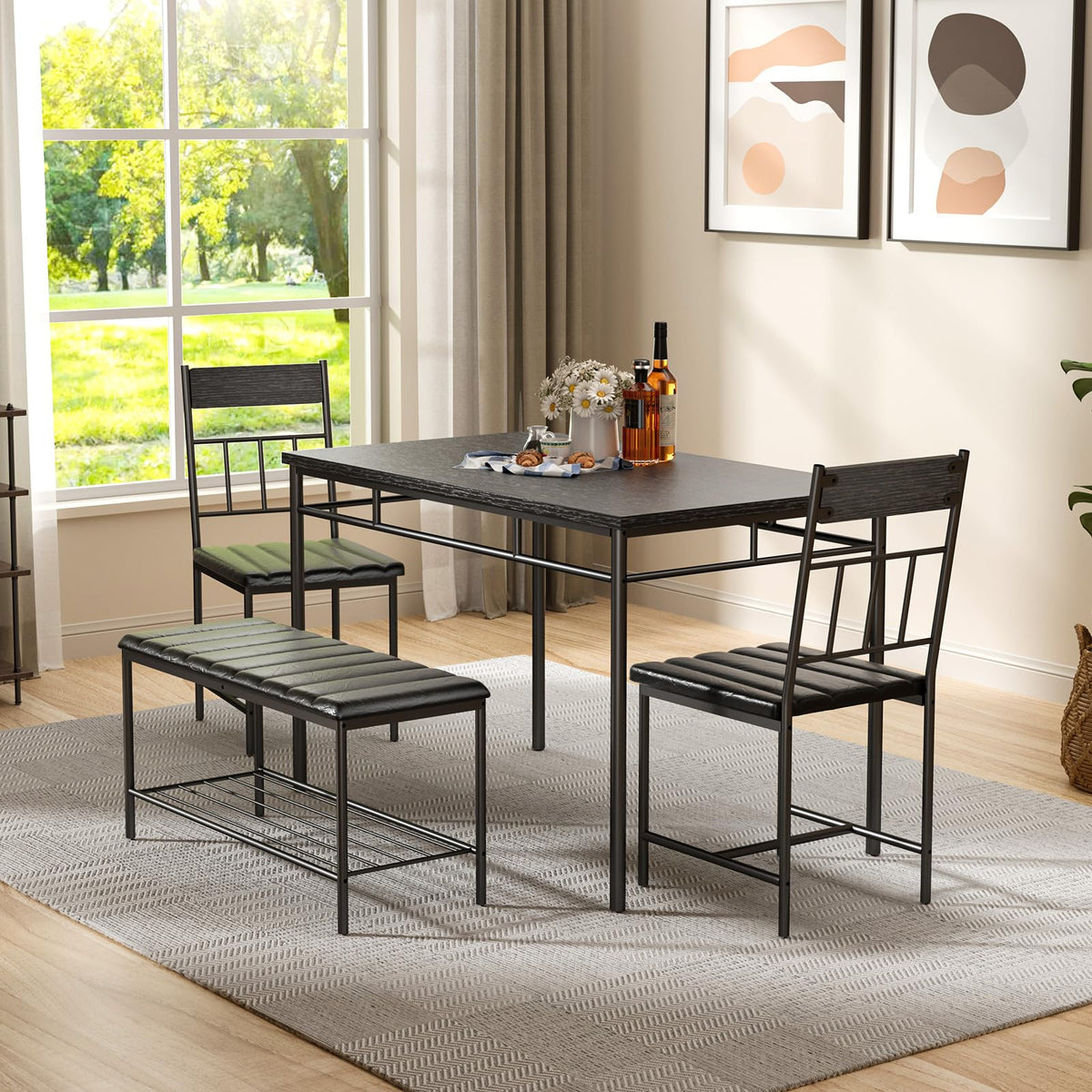 IDEALHOUSE 4-Piece Modern Dining Table Set, Kitchen Table with Upholstered Chairs and Bench, Kitchen Table Set for Small Space, Apartment, Home, Studio