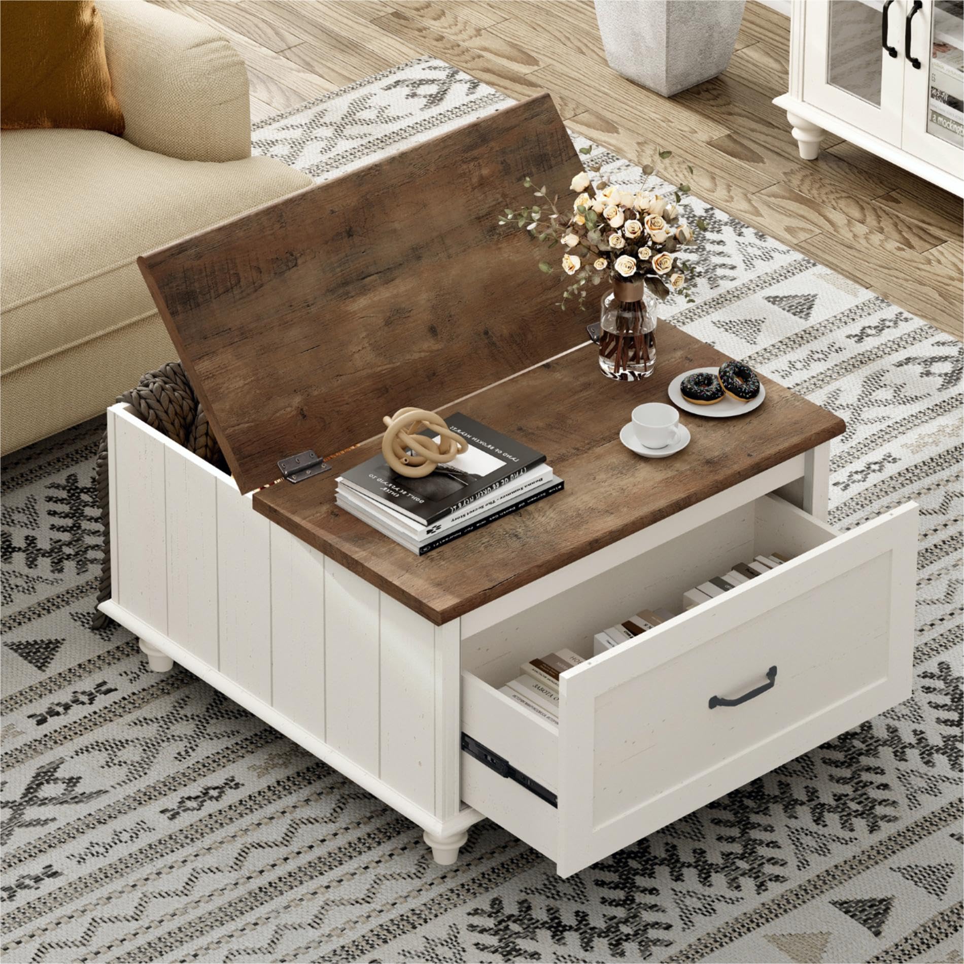 WAMPAT Farmhouse Lift Top Coffee Table with Storage Cabinet, Square Coffee Table with Large Drawer, Wooden Center Table for Living Room, Home, Office, Off White