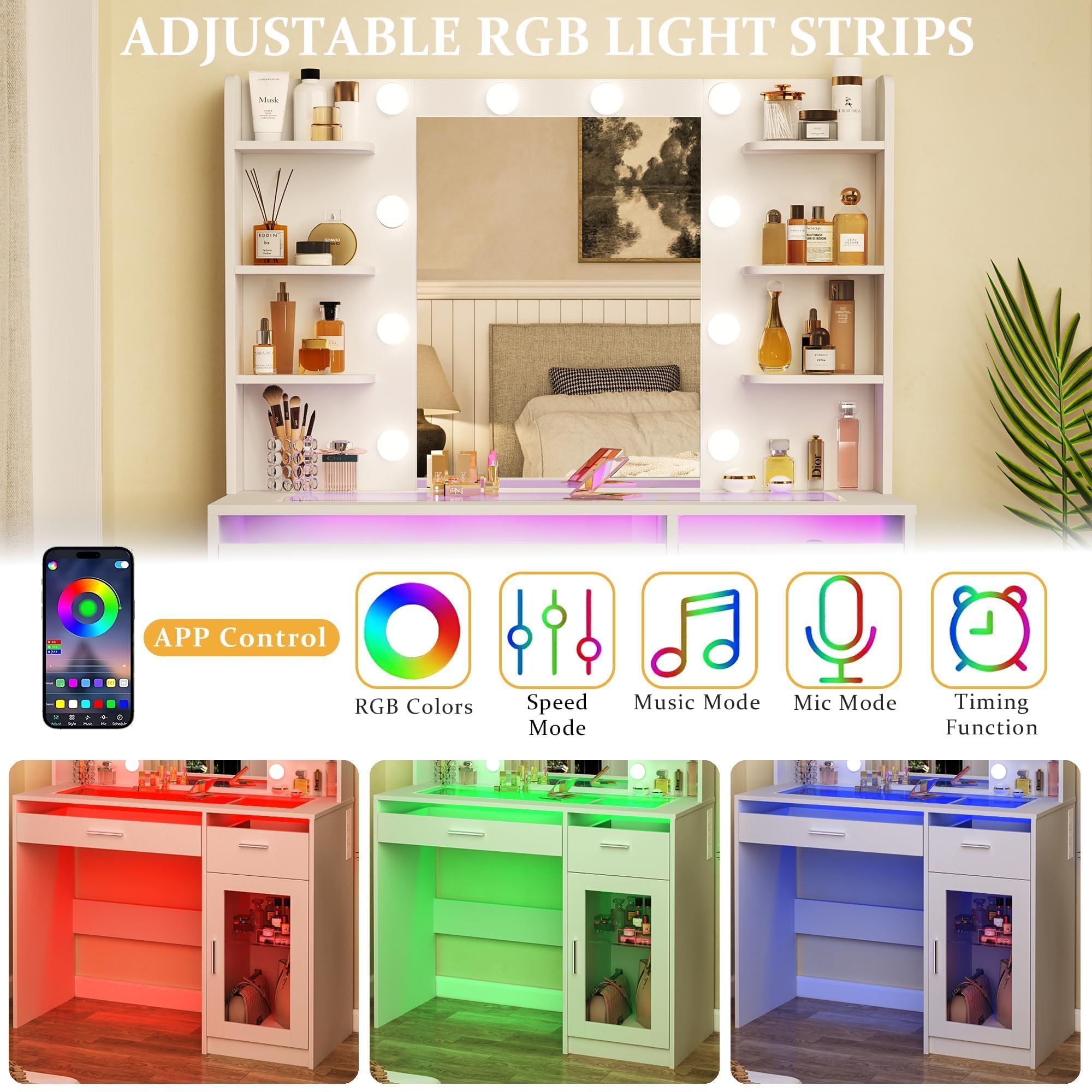 HUAHUU Vanity Desk with Mirror and Lights, Makeup Vanity Desk with Lights 3 Colors, Transparent Top Vanity with 2 RGB Drawers, 6 Shelves, Large Tempered Cabinet, Power Outlet, for Bedroom, White