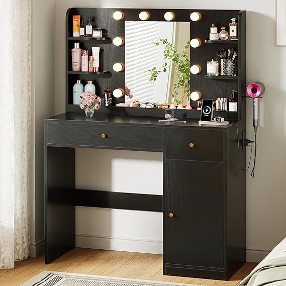 Vanity Desk with LED Mirror, Sliding Mirror & Storage Cabinets