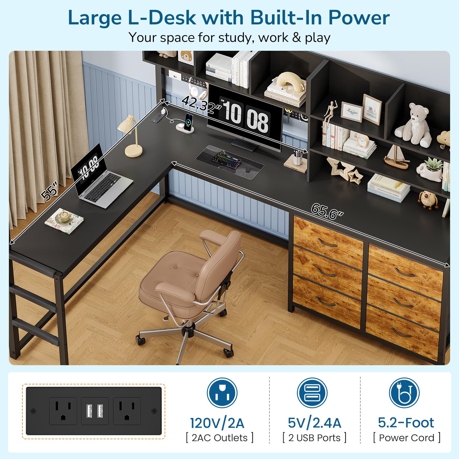 Full Size Loft Bed with L-Shaped Desk & Storage